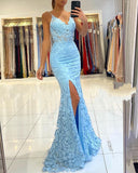 Chic Sleeveless V Neck Blue Aplliques Front-Split Mermaiad Prom Dresses