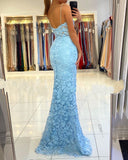 Chic Sleeveless V Neck Blue Aplliques Front-Split Mermaiad Prom Dresses