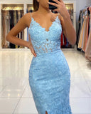 Chic Sleeveless V Neck Blue Aplliques Front-Split Mermaiad Prom Dresses