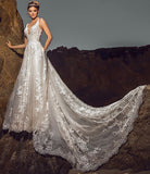 Chic Sleeveless V-Neck Wedding Dress Aline Tulle Brial Dress with Lace Appliques& Pockets