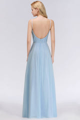 Chic Spaghetti Straps Ruggle Chiffon Bridesmaid Dress Sky Blue Elegant Wedding Party Dress