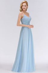 Chic Spaghetti Straps Ruggle Chiffon Bridesmaid Dress Sky Blue Elegant Wedding Party Dress