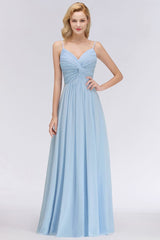 Chic Spaghetti Straps Ruggle Chiffon Bridesmaid Dress Sky Blue Elegant Wedding Party Dress