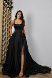 Chic Spaghetti-Straps Sleeveless Long Prom Dress Slit Front