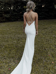 Chic Spaghetti Straps V Neck White Satin Backless Split Mermaid Prom Dresses