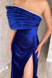 Chic Strapless Royal Blue Split From A-line Satin Evening Prom Dresses