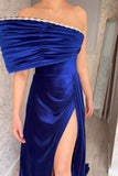 Chic Strapless Royal Blue Split From A-line Satin Evening Prom Dresses