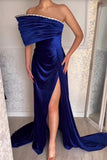 Chic Strapless Royal Blue Split From A-line Satin Evening Prom Dresses