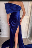 Chic Strapless Royal Blue Split From A-line Satin Evening Prom Dresses