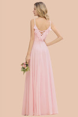 Chic Straps Sweetheart Pink Bridesmaid Dress Backless Chiffon Evening Party Dress