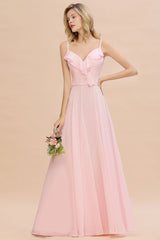 Chic Straps Sweetheart Pink Bridesmaid Dress Backless Chiffon Evening Party Dress