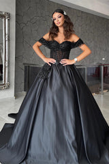 Chic Sweetheart Off-The-Shoulder Satin Black Prom Dresses with Beads