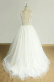 Chic V-neck Straps Tulle Wedding Dress | A-line Appliques Sleeveless Bridal Gowns