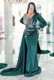 Chic V-neck long sleeves column mermaid Prom Dresses with ruffles