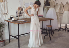 Chiffon Crystal Glamorous Lace Cap-Sleeve Lace Long Wedding Dress