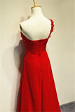 Chiffon Red One Shoulder Flowers Long Evening Dress Sweep Train Inexpensive Ruffle Zipper Prom Dresses for Women