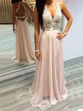 Chiffon V-Neck Open Back Long Evening Gowns Lace Halter Prom Dresses BA2433