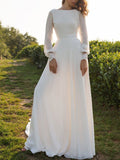 Chiffon White Long Sleeves Backless Lace A-Line Wedding Dresses