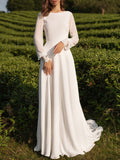 Chiffon White Long Sleeves Backless Lace A-Line Wedding Dresses