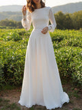 Chiffon White Long Sleeves Backless Lace A-Line Wedding Dresses