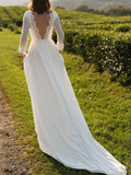 Chiffon White Long Sleeves Backless Lace A-Line Wedding Dresses