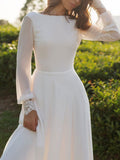 Chiffon White Long Sleeves Backless Lace A-Line Wedding Dresses