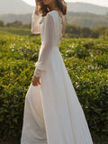 Chiffon White Long Sleeves Backless Lace A-Line Wedding Dresses