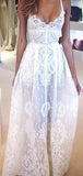 Chiffon White V-Neck Bridal Gowns Spaghetti Straps Lace Zipper Cute Long Prom Dresses BO8441