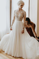 Chiffon wedding Dress Long Sleeves Floral lace A-line Bridal Dress