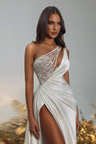 Chraming one shoulder sleeveless sequined satin Prom Dresses