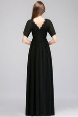 Classic Black Chiffon Elegant Bridesmaid Dress V-Neck Long