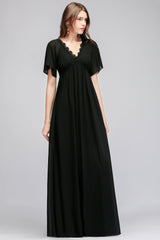 Classic Black Chiffon Elegant Bridesmaid Dress V-Neck Long