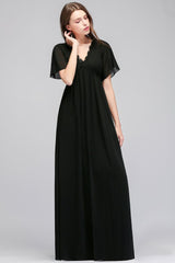 Classic Black Chiffon Elegant Bridesmaid Dress V-Neck Long