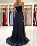 Classic Black Strapless Long Prom Dress Split With Appliques