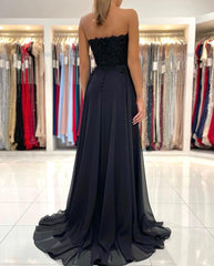 Classic Black Strapless Long Prom Dress Split With Appliques