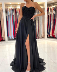 Classic Black Strapless Long Prom Dress Split With Appliques