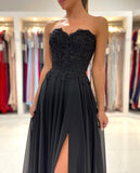 Classic Black Strapless Long Prom Dress Split With Appliques