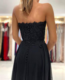 Classic Black Strapless Long Prom Dress Split With Appliques