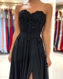 Classic Black Strapless Long Prom Dress Split With Appliques