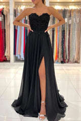 Classic Black Strapless Long Prom Dress Split With Appliques