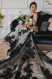 Classic Black V-Neck Wedding Dress Sleeveless With Lace Appliques