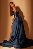 Classy Long Navy Blue A-line Off-the-shoulder Prom Dresses With Split Online