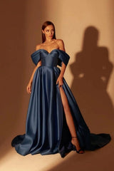 Classy Long Navy Blue A-line Off-the-shoulder Prom Dresses With Split Online
