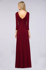 Classy V-Neck Long-Sleeves Side-Slit Long Bridesmaid Dress with Ruffles