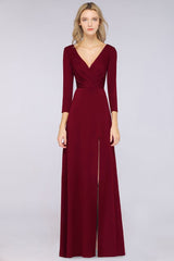 Classy V-Neck Long-Sleeves Side-Slit Long Bridesmaid Dress with Ruffles