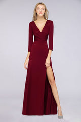 Classy V-Neck Long-Sleeves Side-Slit Long Bridesmaid Dress with Ruffles