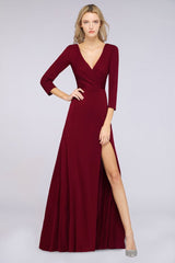 Classy V-Neck Long-Sleeves Side-Slit Long Bridesmaid Dress with Ruffles