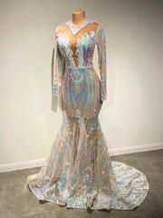 Classy V-neck Sequins Long Sleeve Floor-length Mermaid Prom Dresses