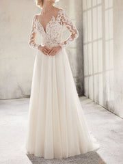 Country A-Line Wedding Dress Jewel Lace Tulle Long Sleeve Plus Size Bridal Gowns Sweep Train