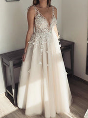 Country A-Line Wedding Dress Plunging Neck Lace Tulle Sleeveless Sexy See-Through Plus Size Bridal Gowns